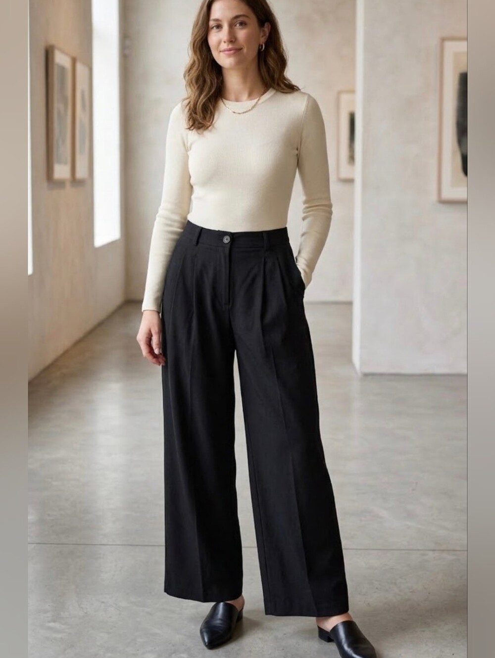 Black Wide Leg Trousers Pants Size M Medium Flare Casual Dress Wear Stretch